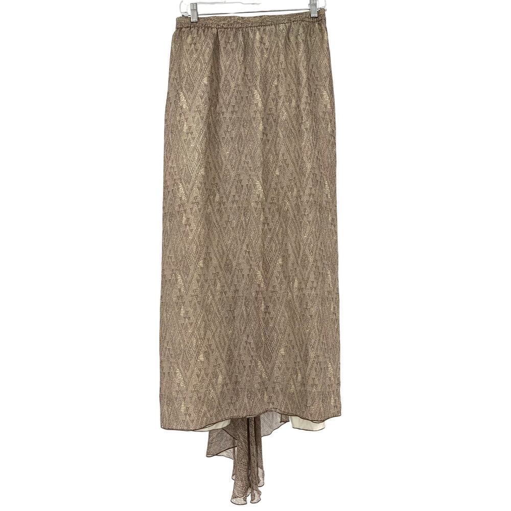 Peruvian Connection Brown Silk Lined Midi Skirt Elastic Waist Flap Back (6)